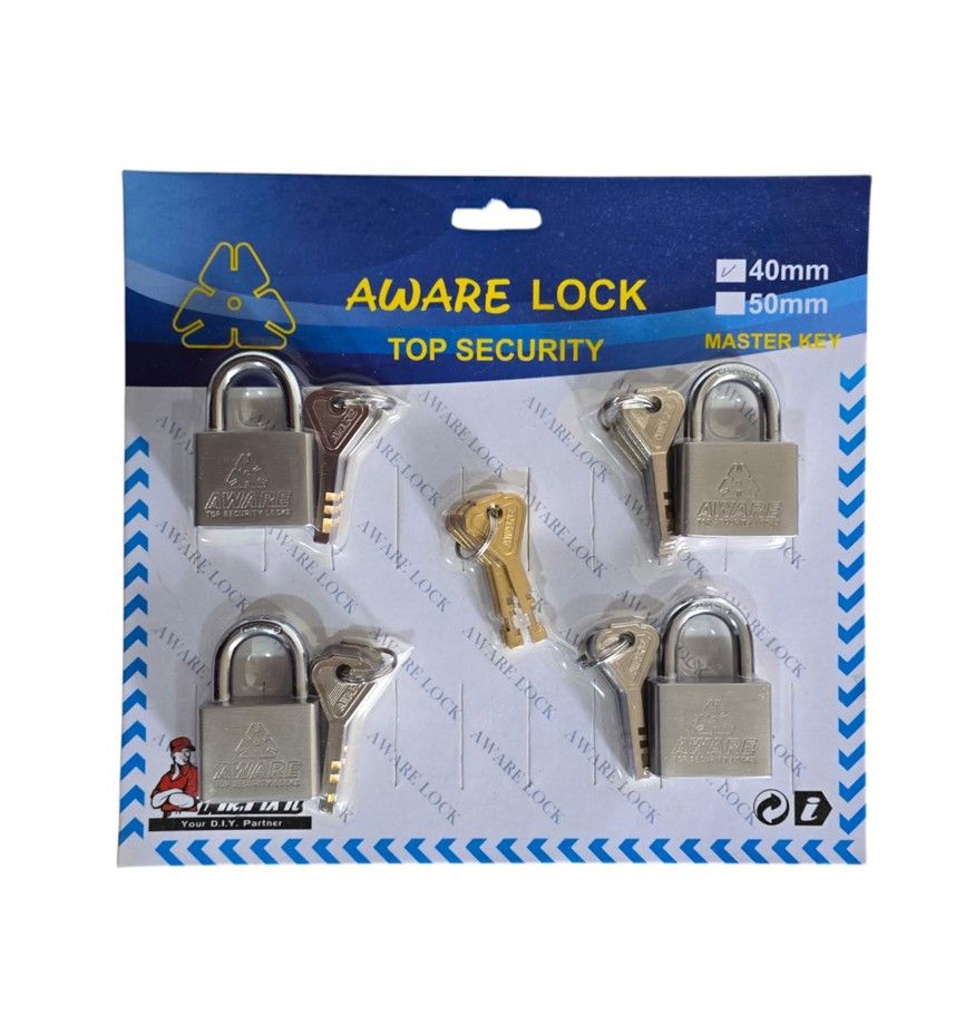 AWARE - Security Padlock Set - Individual Keys with Master Key 40mm x 4 Pcs