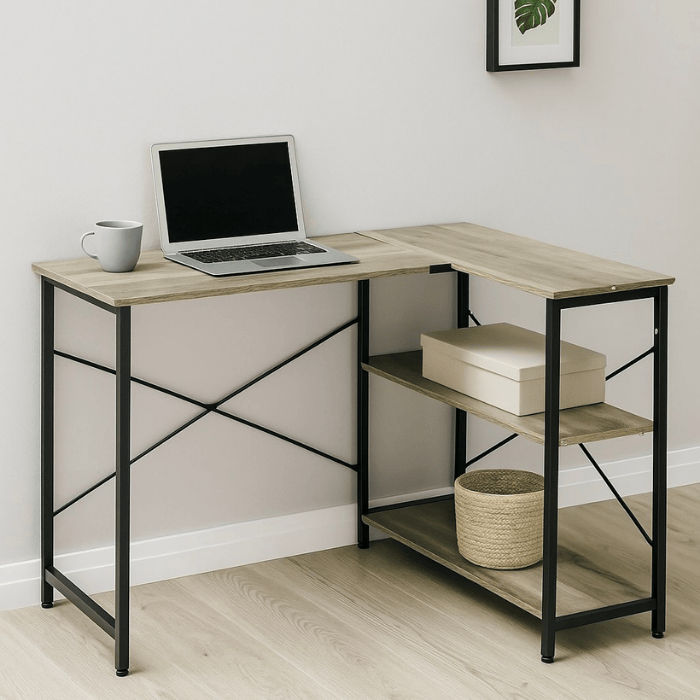 Studio Workstation Desk – L-Shaped with Shelves, Stonewood Finish & Black Frame
