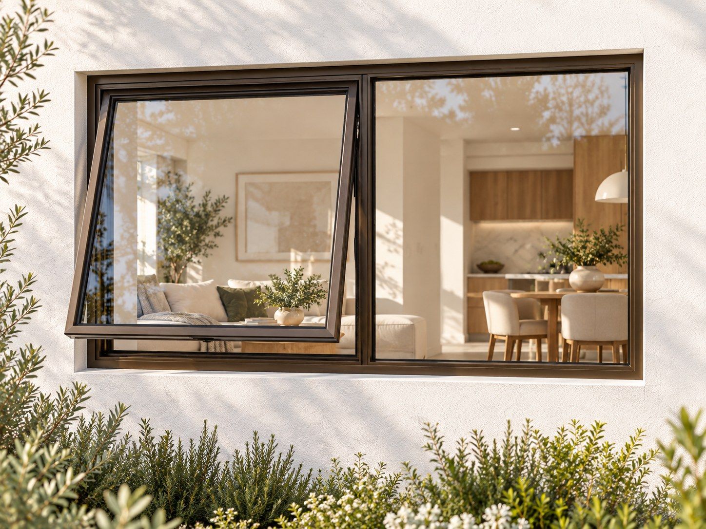 Kenzo Premium Top-Hung Aluminium Window - Bronze, 1200 600 mm, Left Upper Opener with Fixed Side Pane, Clear Glass