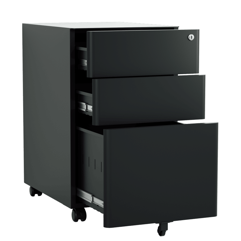 Steel 3 Drawer Mobile Pedestal Arc Handle Filing Cabinet With Lock - Black