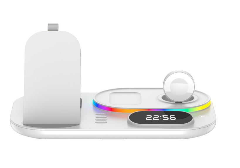 4 in 1 Wireless Charging Station Dock With Clock - White