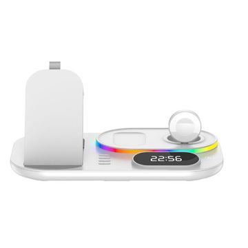 4 in 1 Wireless Charging Station Dock With Clock - White