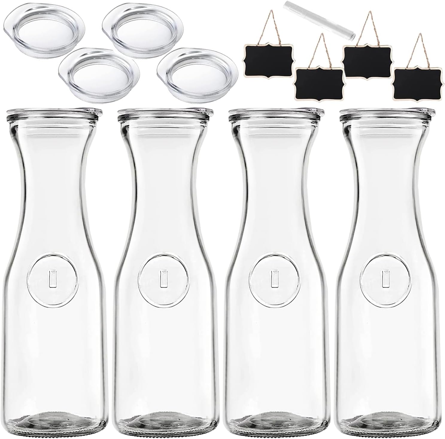 4 Pack Clear Glass Carafe With Lid (1L)Tags,Marker-Bar Serveware Pitcher