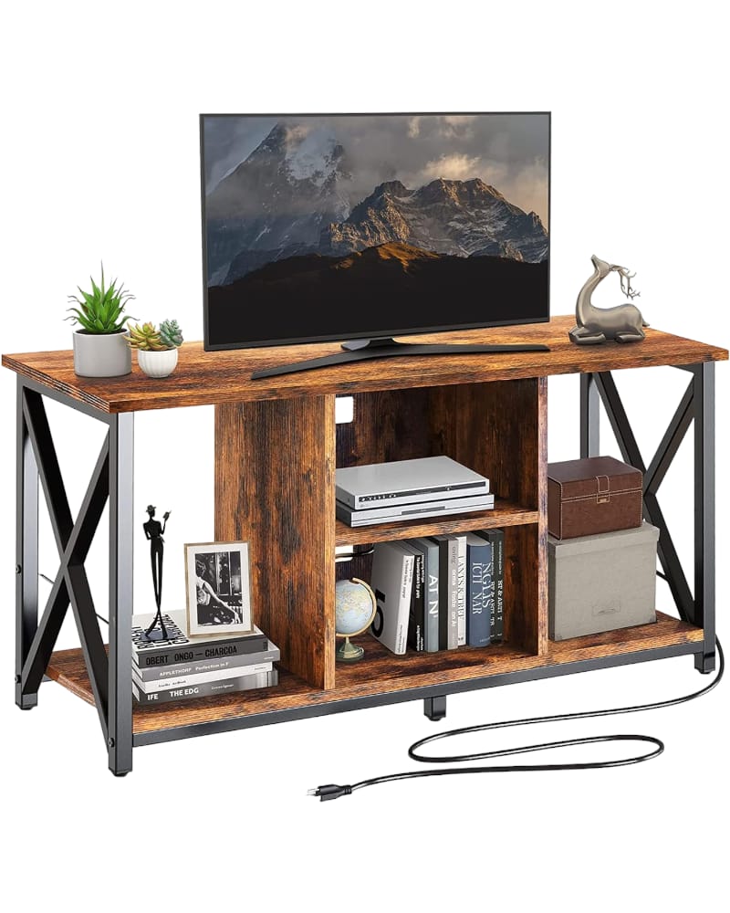Rustic Brown Wood TV Stand with Charging Station and Storage Shelves