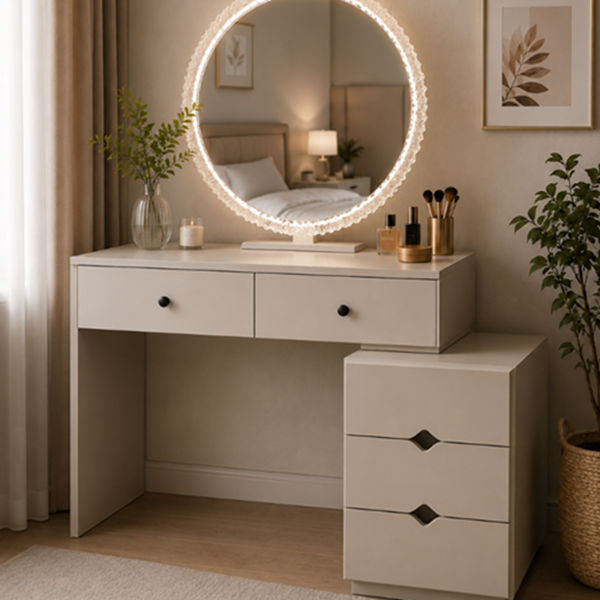 GOF Furniture Celeste Dressing Table with LED Mirror & Storage Cabinet – Light Khaki