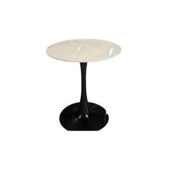 Modern Round White Dining Table, 90 cm Marble Top, Black Pedestal Base
