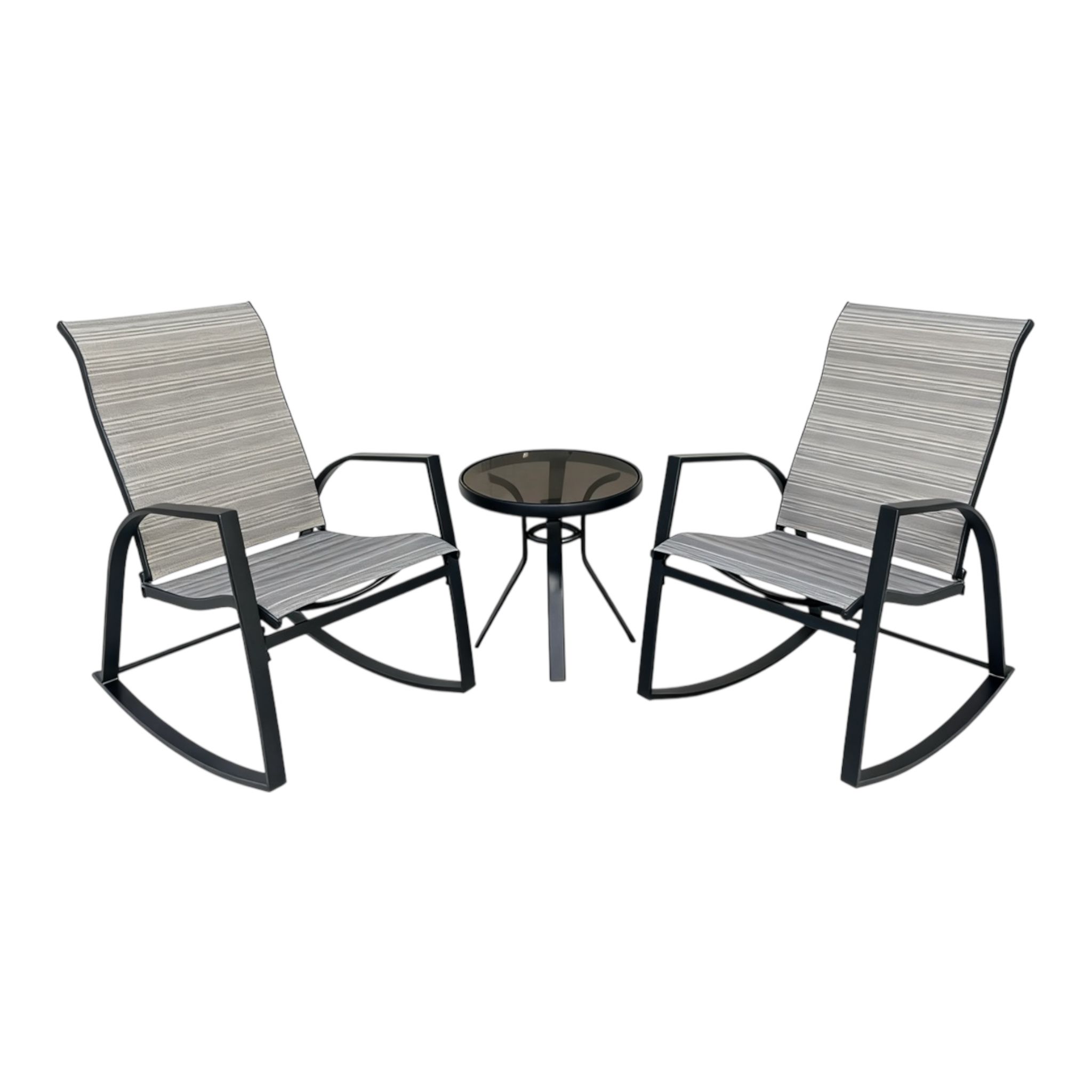 3Pc Patio Bistro Set – 2 Rocking Chairs & Glass Coffee Table