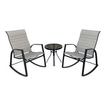 3Pc Patio Bistro Set – 2 Rocking Chairs & Glass Coffee Table