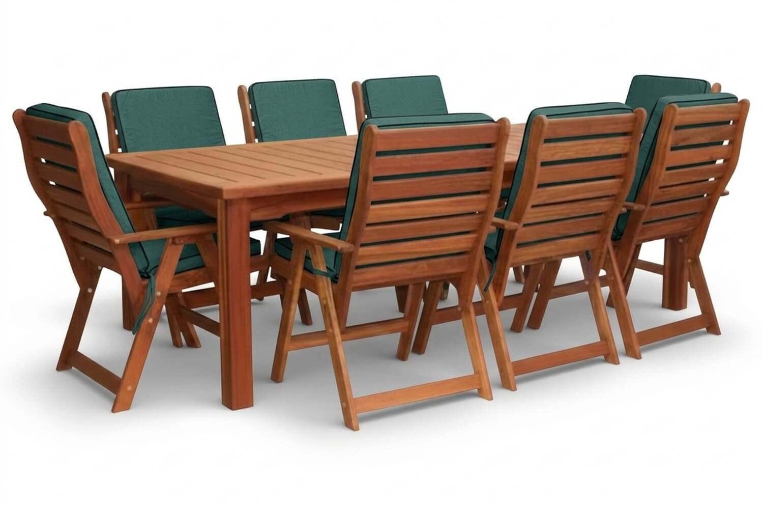 Zambezi Teak Patio Dining Set 8-Seater 2400mm x1 Table x8 Highback Chairs (Green Cushions)