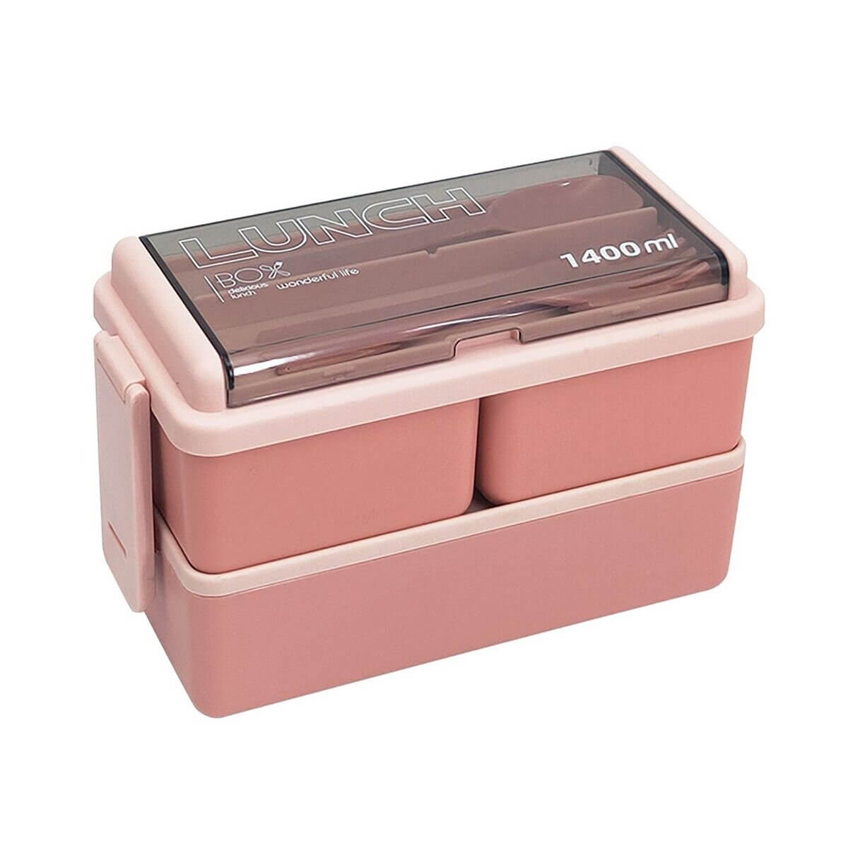 4 In 1 Double Layer Plastic Lunch Box With Cutlery Set - Pink