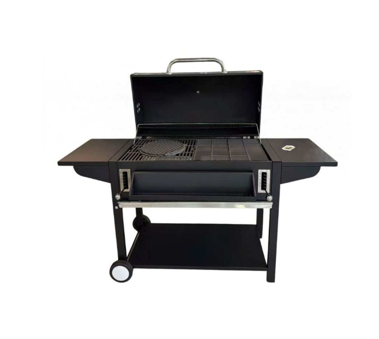 Large Outdoor Charcoal BBQ Grill with Side Tables, Wheels and Storage Shelf, Black