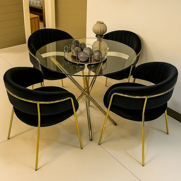 EFURN- JY 4 seater dining set with round glass table (Black)