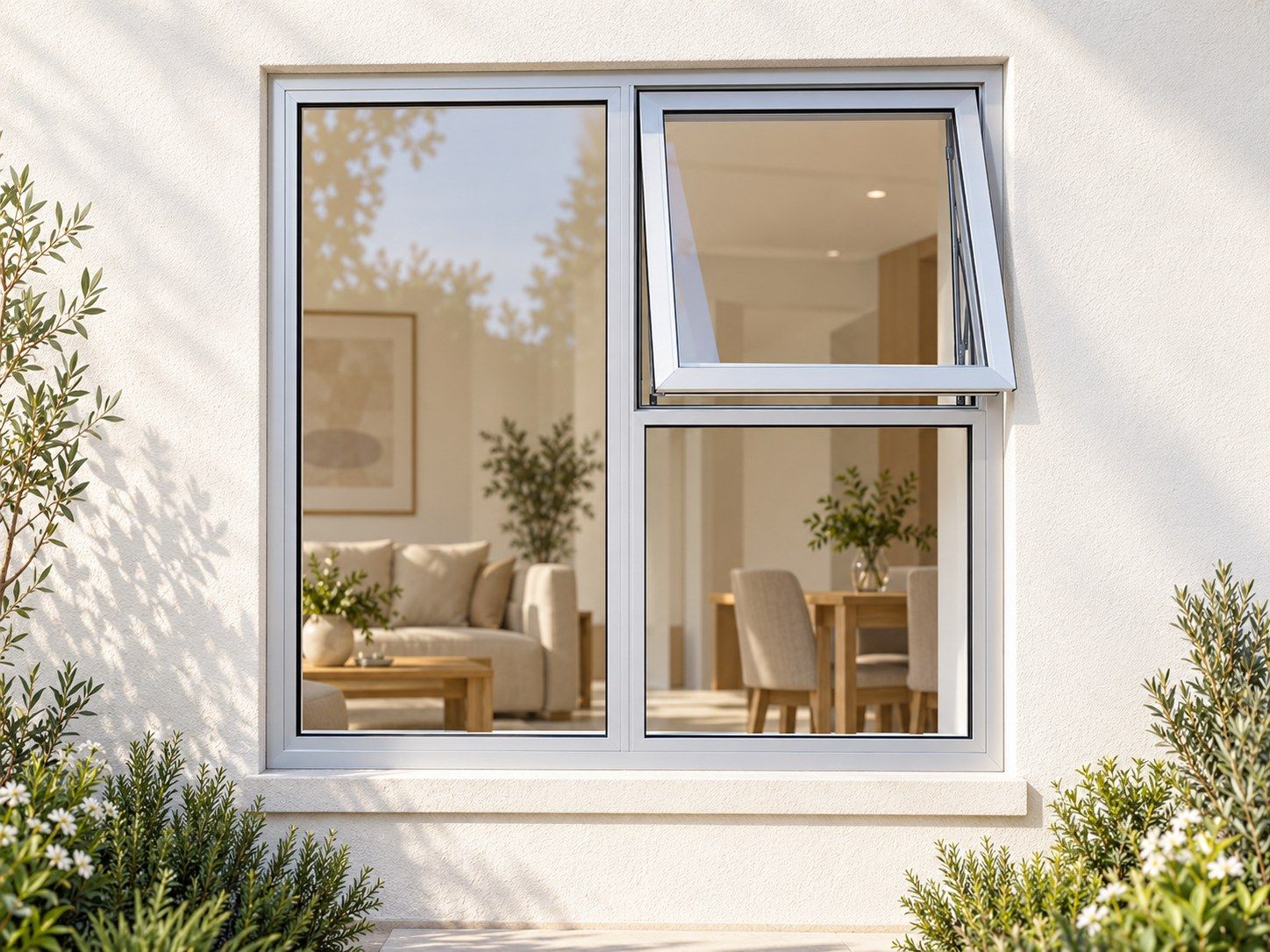 Kenzo Premium Top-Hung Aluminium Window - Silver, 1200 1200 mm, Right Upper Opener with Fixed Lower and Side Panes, Clear Glass