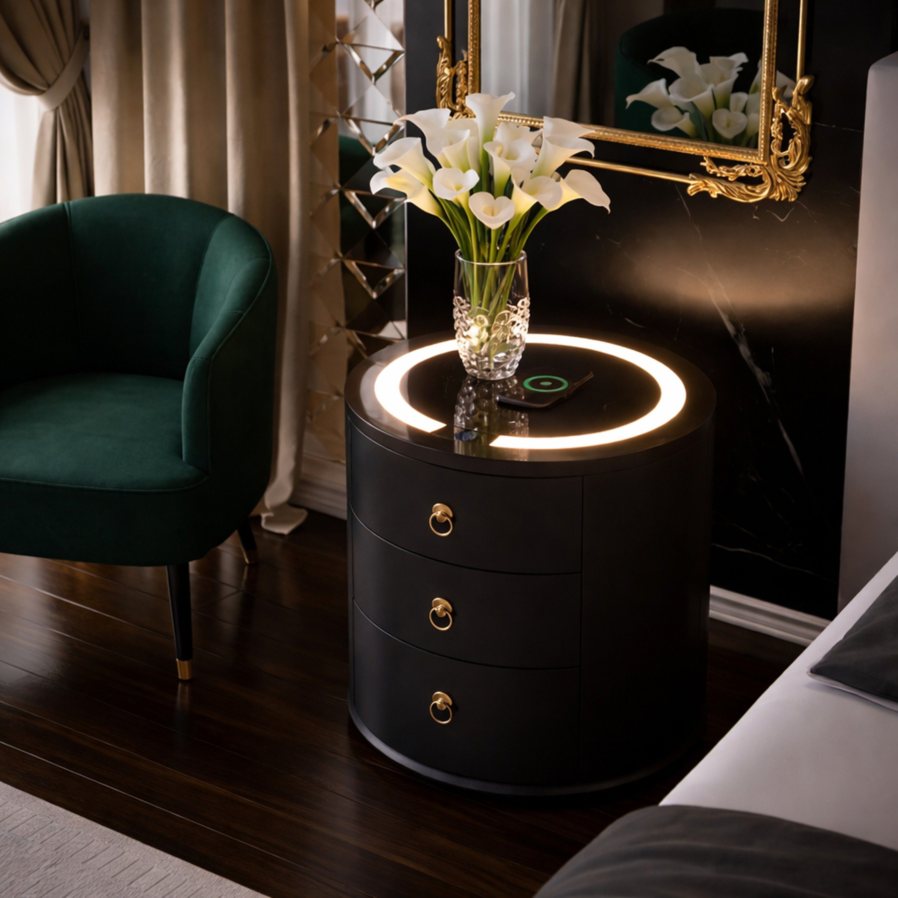 Madiega Furniture - Smart Round 3-Drawer Nightstand with LED Halo Light and Wireless Charging
