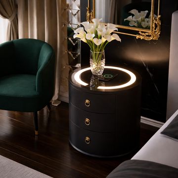 Madiega Furniture - Smart Round 3-Drawer Nightstand with LED Halo Light and Wireless Charging