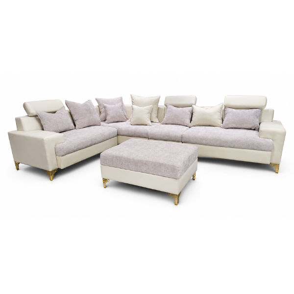 Maya L Shape Corner Sofa – Woven Fabric with Matching Ottoman White