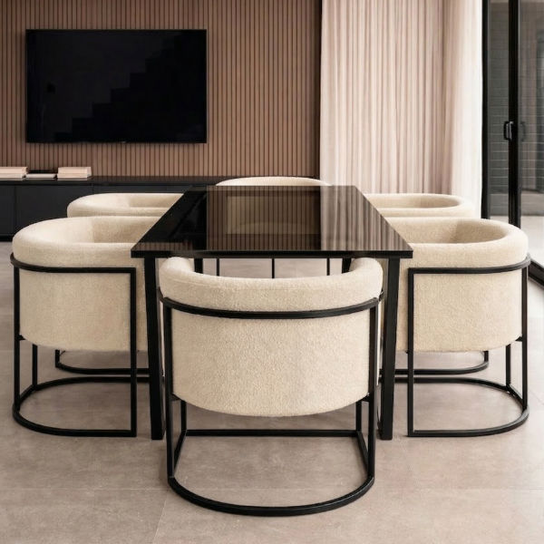 Lucky Furn 6-Seater Dining Set - Black Glass Table & Cream Bouclé Chairs