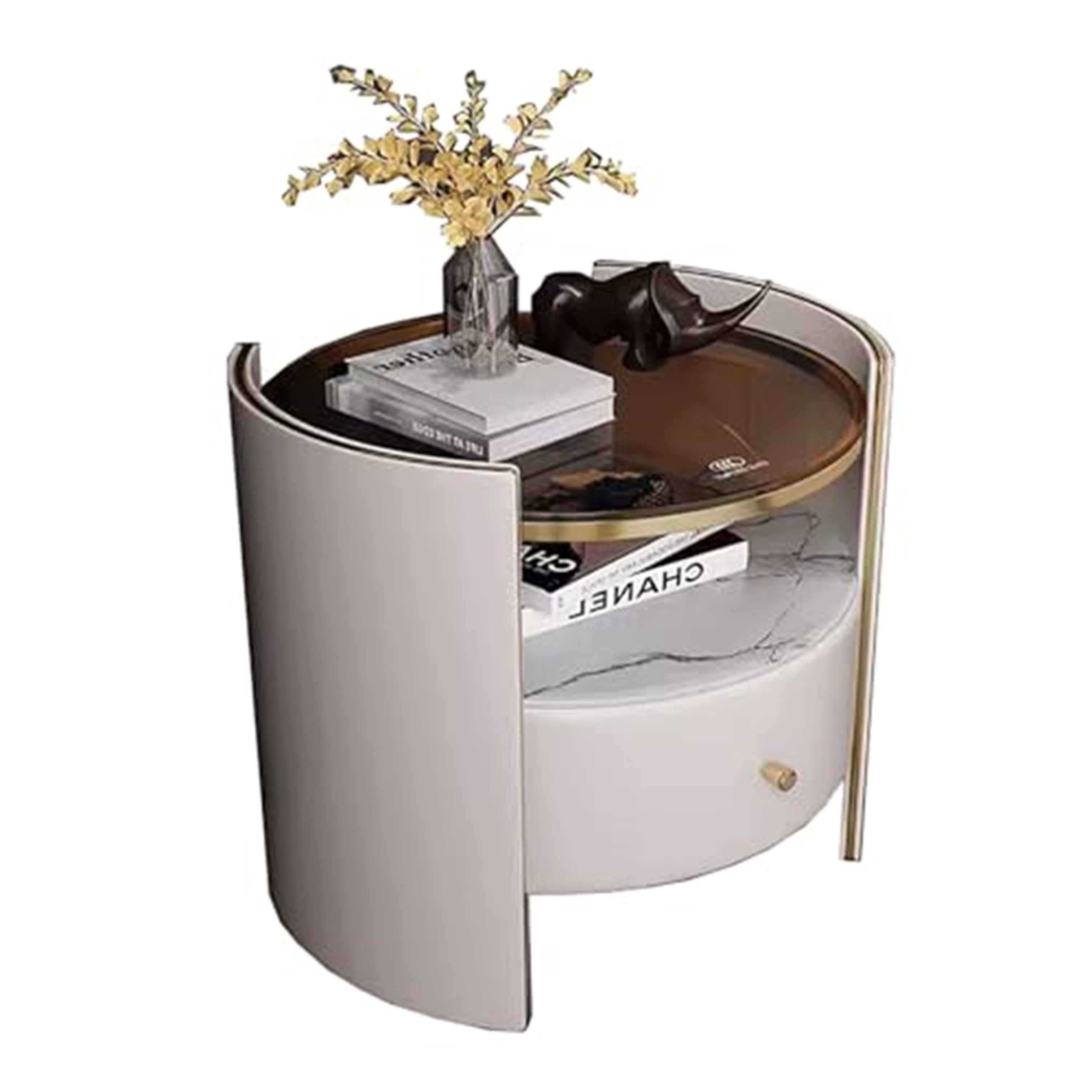 Modern Round Nightstand, with Drawers- Off-White