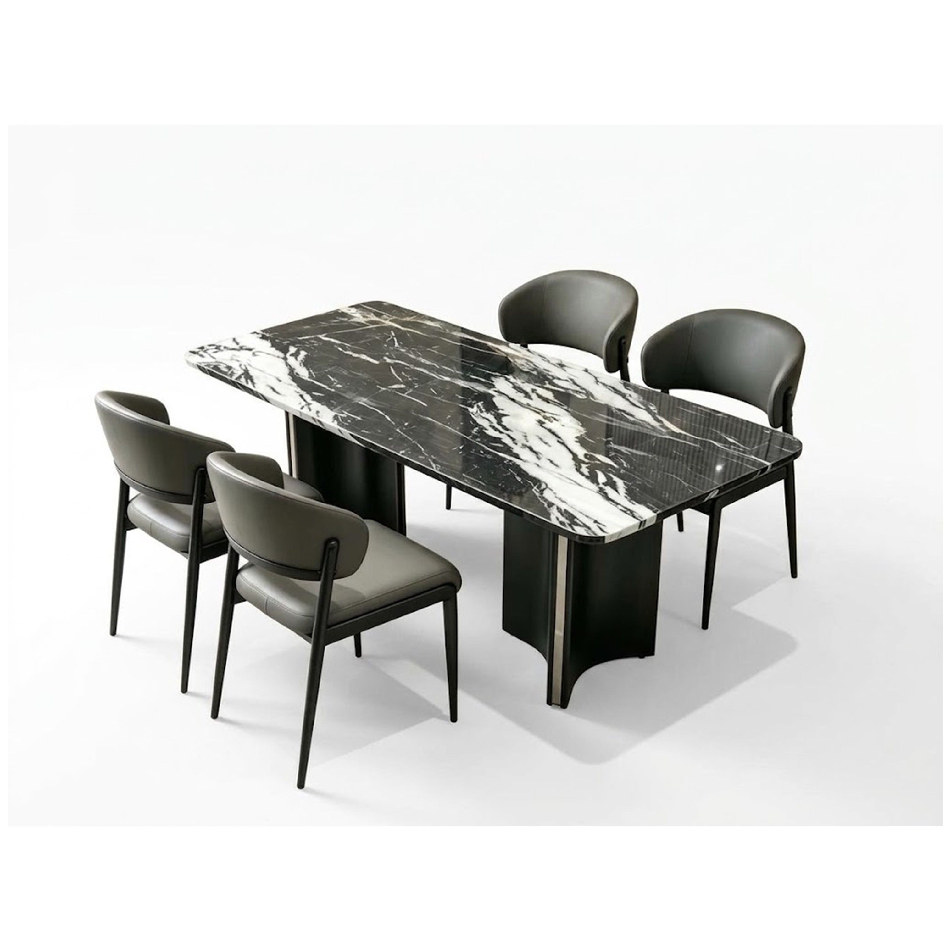 Madiega Furniture - Modern Luxury Black Panda Marble Dining Set with Leather Chairs