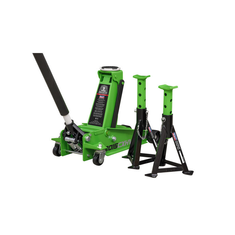 Sealey Trolley Jack 3t & Axle Stands (Pair) 3t per Stand - Hi-Vis