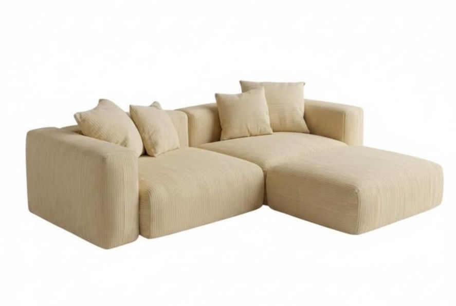 3 Seater Couch - Corduroy fabric - Cream - With Ottoman