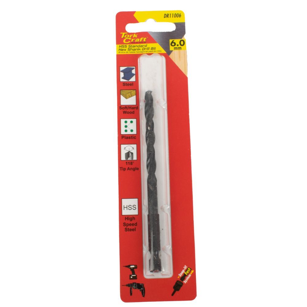 Tork Craft - Drill Bit Hss Standard 6.0mm Hex Shank 1/Card - 5 Pack