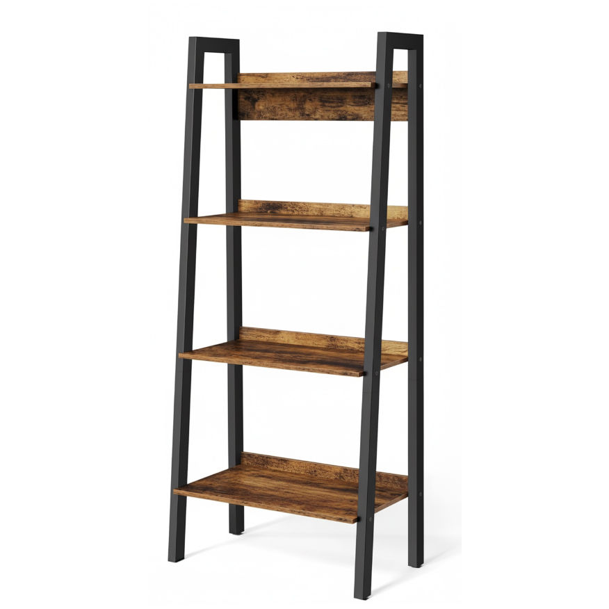 LAZAVA 4-tier Narrow Ladder Bookshelf - Rustic Brown & Black