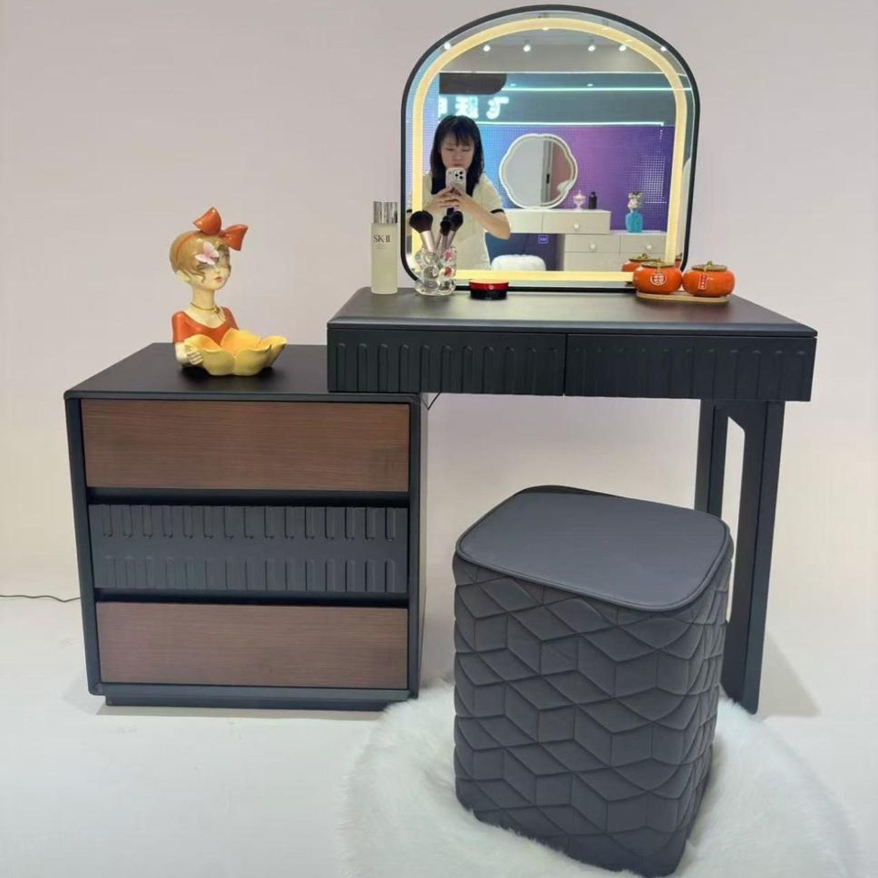 Madiega Furniture - Stylish Black-Frame Wood-Grain Vanity with LED Mirror