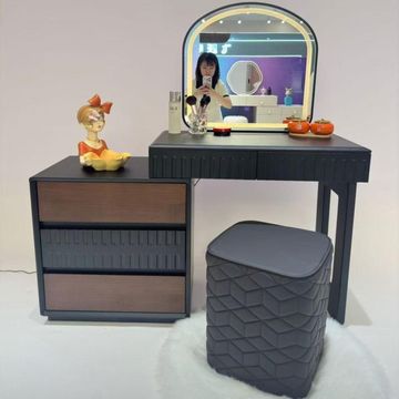 Madiega Furniture - Stylish Black-Frame Wood-Grain Vanity with LED Mirror