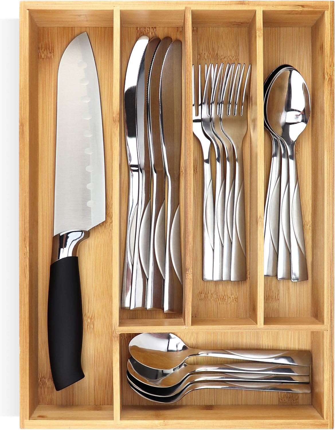 Bamboo Cutlery Drawer Organizer – 5 Slot Wooden Silverware & Utensil Tray Divider