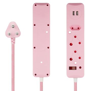 Switched Multiplug: 3-Way, USB Ports, Surge & Overload Protection - Pink