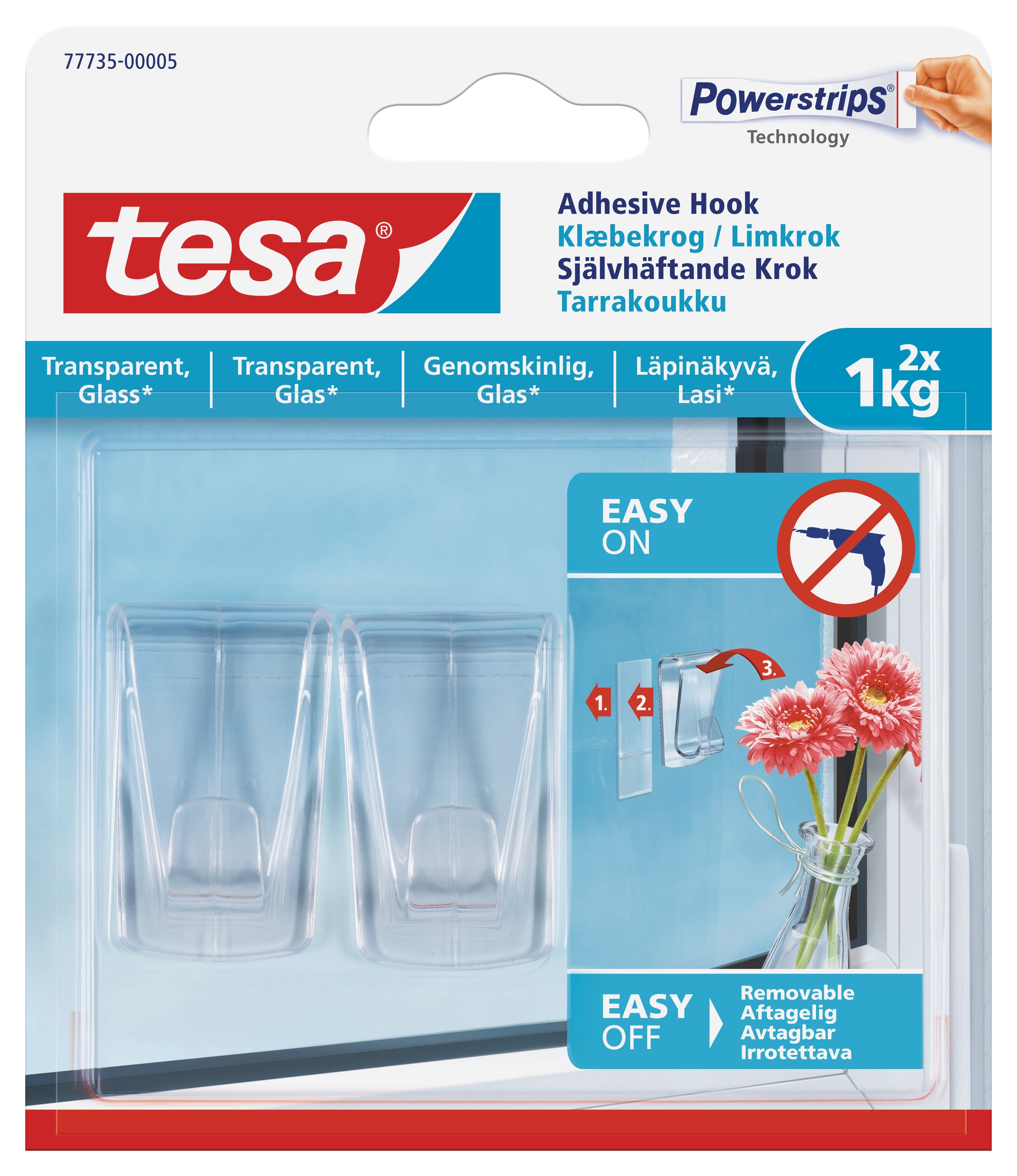 TESA Adhesive Hooks - Transparent Surface Large 2 Hooks/ 3 Strips 1kg