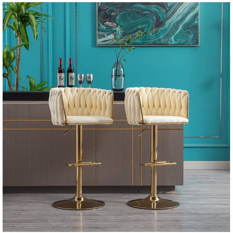 Velvet Wooven Bar Chairs Set of 2 Beige