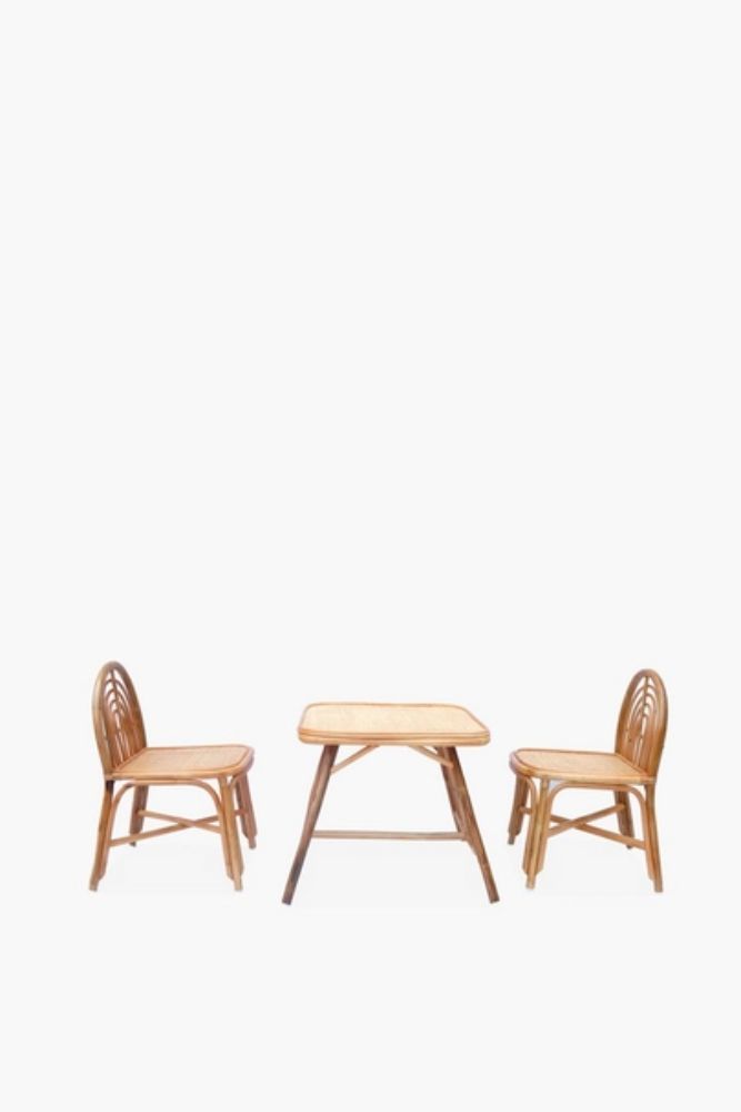 RATTAN KIDS TABLE & CHAIR SET Handwoven Natural Bistro Set