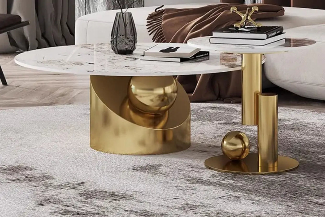 Asher Sleek Contemporary Marble Top Center Table and Stool (Gold)