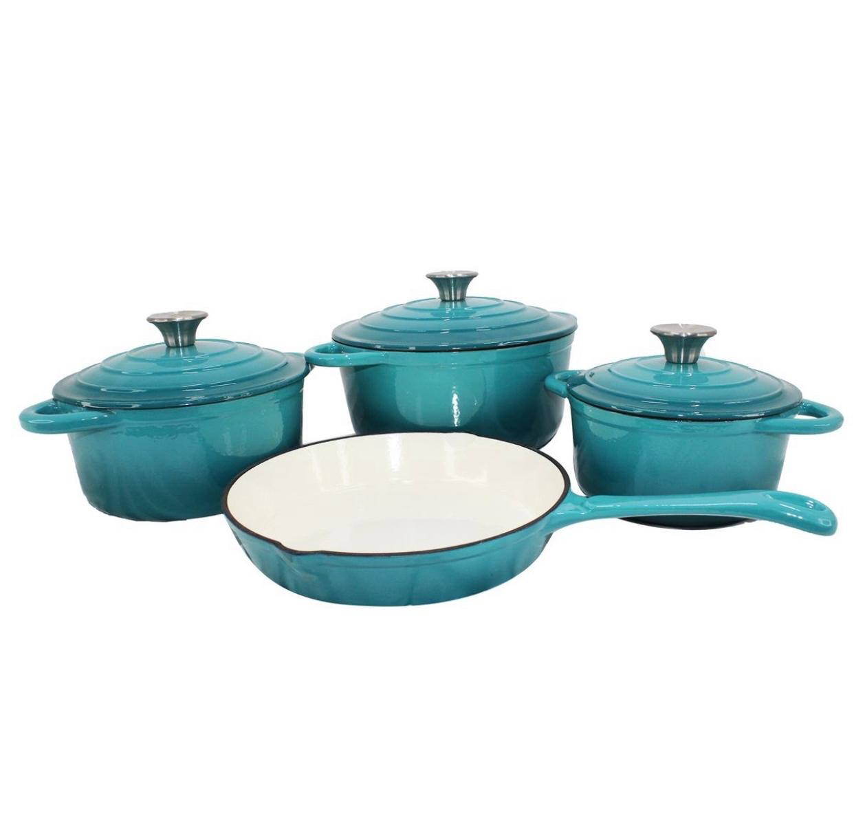 7-Piece Turquoise Enameled Cast Iron Cookware Set