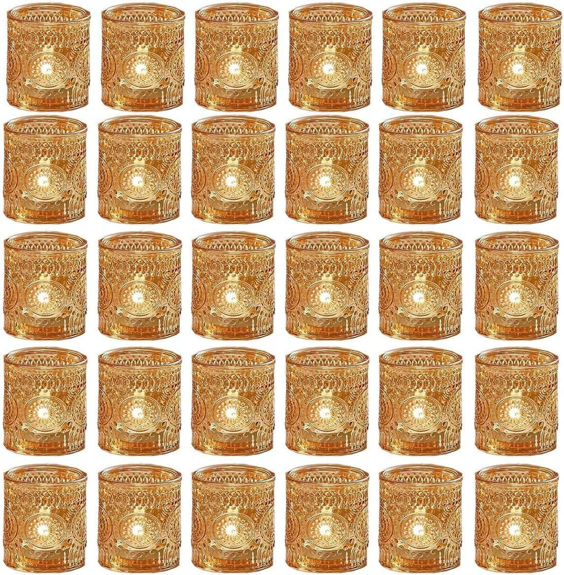 30 Pack Vintage Glass Tealight Votive Candle Holders For Table Centerpieces - Gold