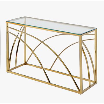 Tempered Glass with Golden Stainless Steel Frame, Sleek Narrow Hallway Table for Living Room (Gold Curve)