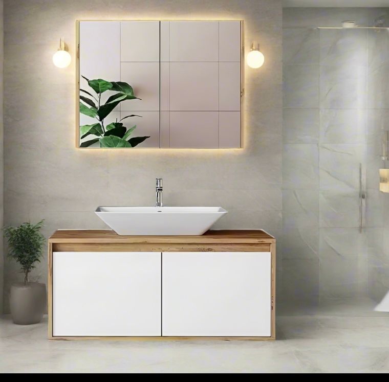 White Vanity with Pine Top & Exposed Pine Sides – 1200mm