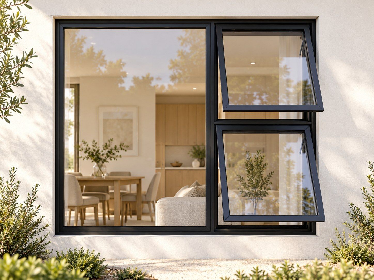 Kenzo Premium Top-Hung Aluminium Window - Black, 1500 1200 mm, Right Two Openers with Fixed Side Pane, Clear Glass