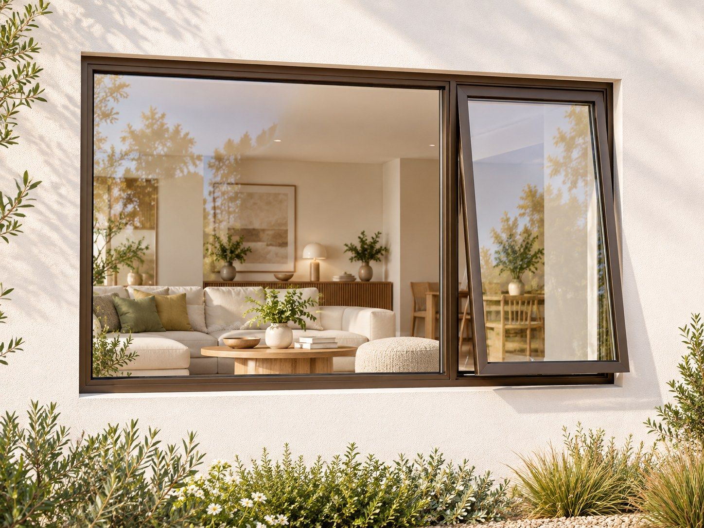 Kenzo Premium Top-Hung Aluminium Window - Bronze, 2100 600 mm, Right Upper Opener with Fixed Side Pane, Clear Glass