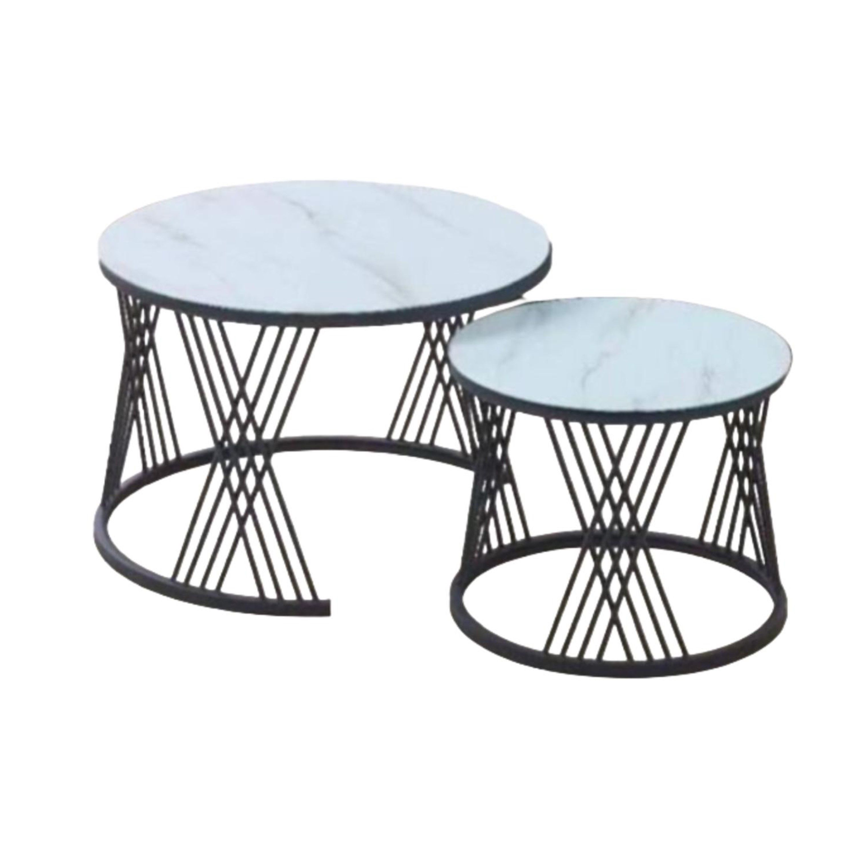 Madiega Furniture - White Marble Top with Black Crisscross Base Coffee Table Set