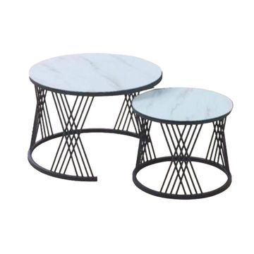 Madiega Furniture - White Marble Top with Black Crisscross Base Coffee Table Set