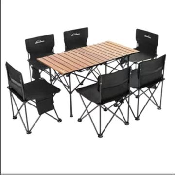 7-Piece Foldable Outdoor Dining Set – Slatted Wood Table & Logo Chairs