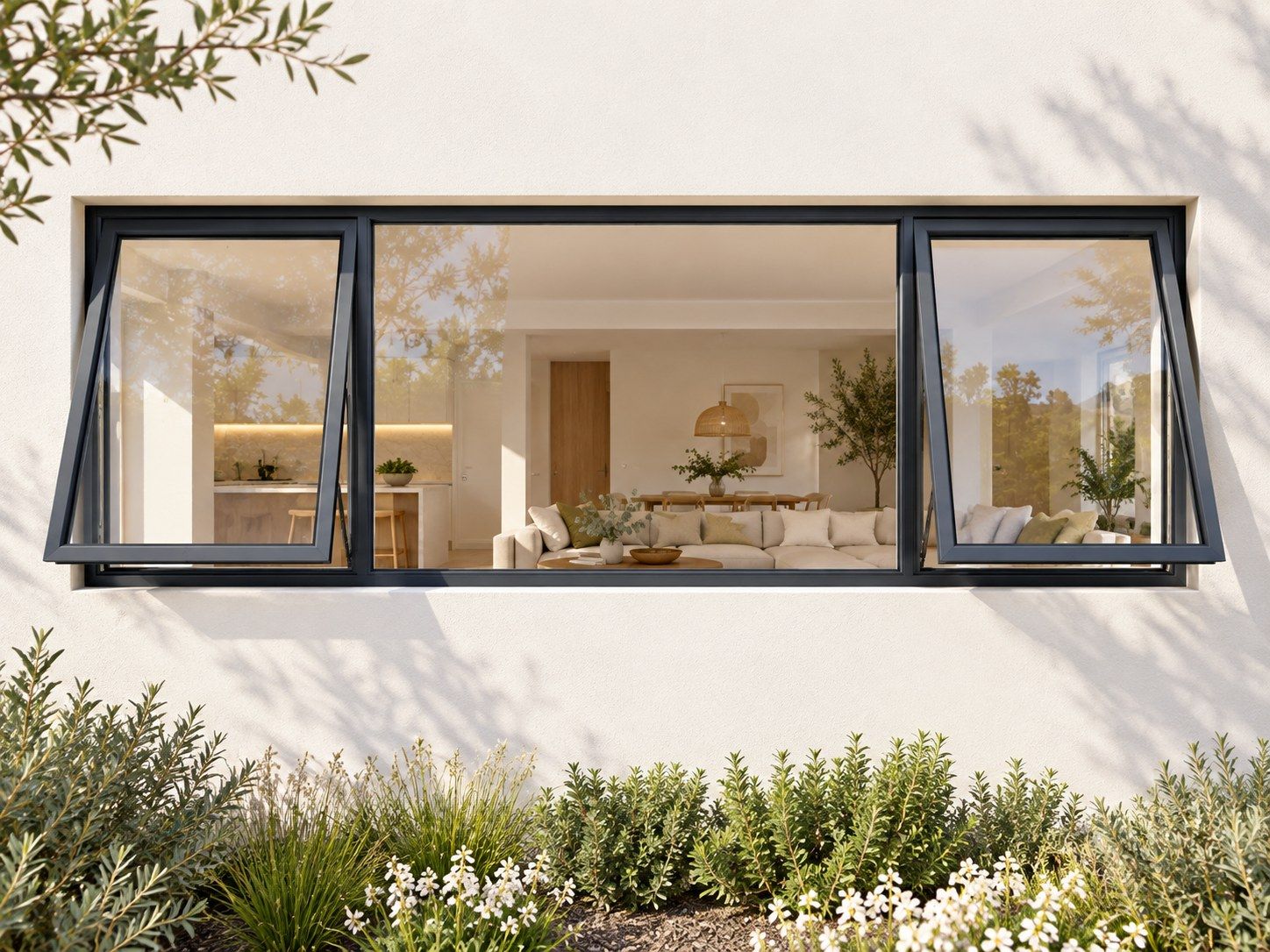 Kenzo Premium Top-Hung Aluminium Window - Charcoal, 2400 600 mm, Two Outer Openers with Fixed Centre, Clear Glass