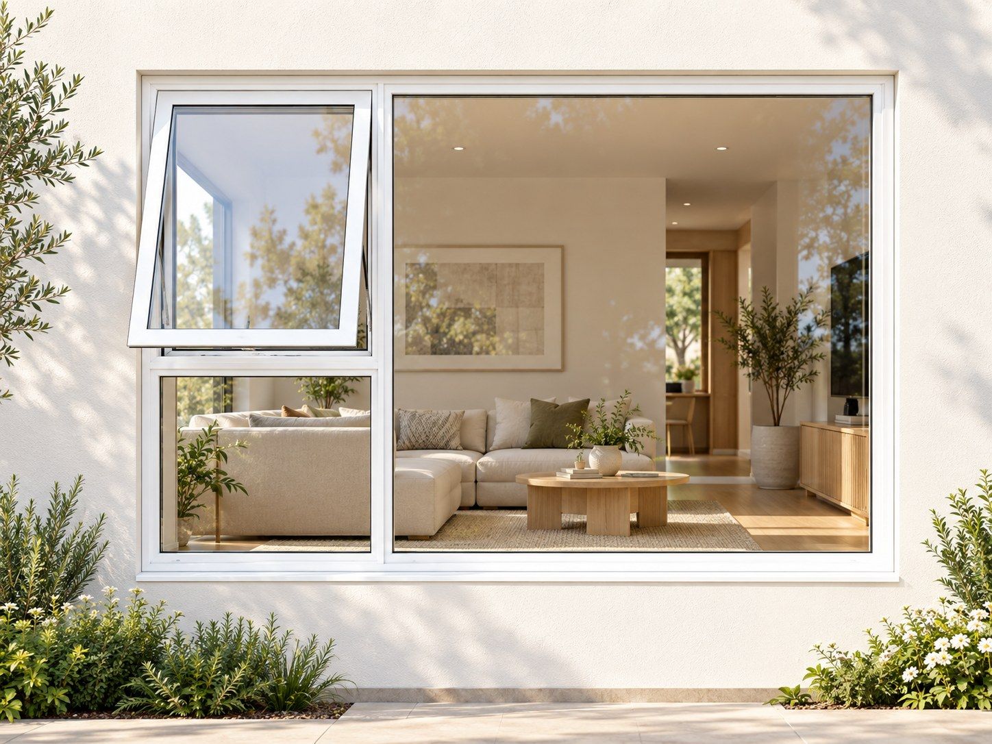 Kenzo Premium Top-Hung Aluminium Window - White, 2100 900 mm, Left Upper Opener with Fixed Lower and Side Panes, Clear Glass