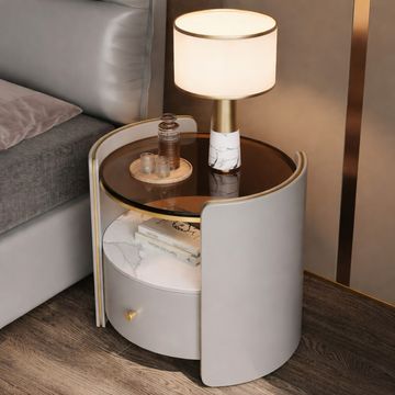 Madiega Furniture - Modern Grey Round Nightstand with Drawers