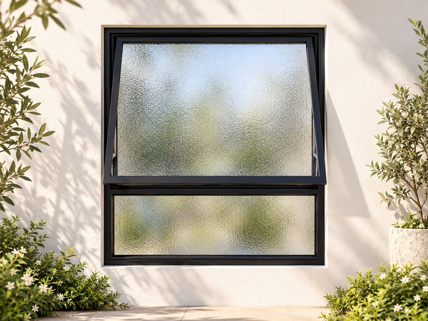 Kenzo Premium Top-Hung Aluminium Window - Black, 900 900 mm, Upper Opener with Fixed Lower Pane, Obscure Safety Glass