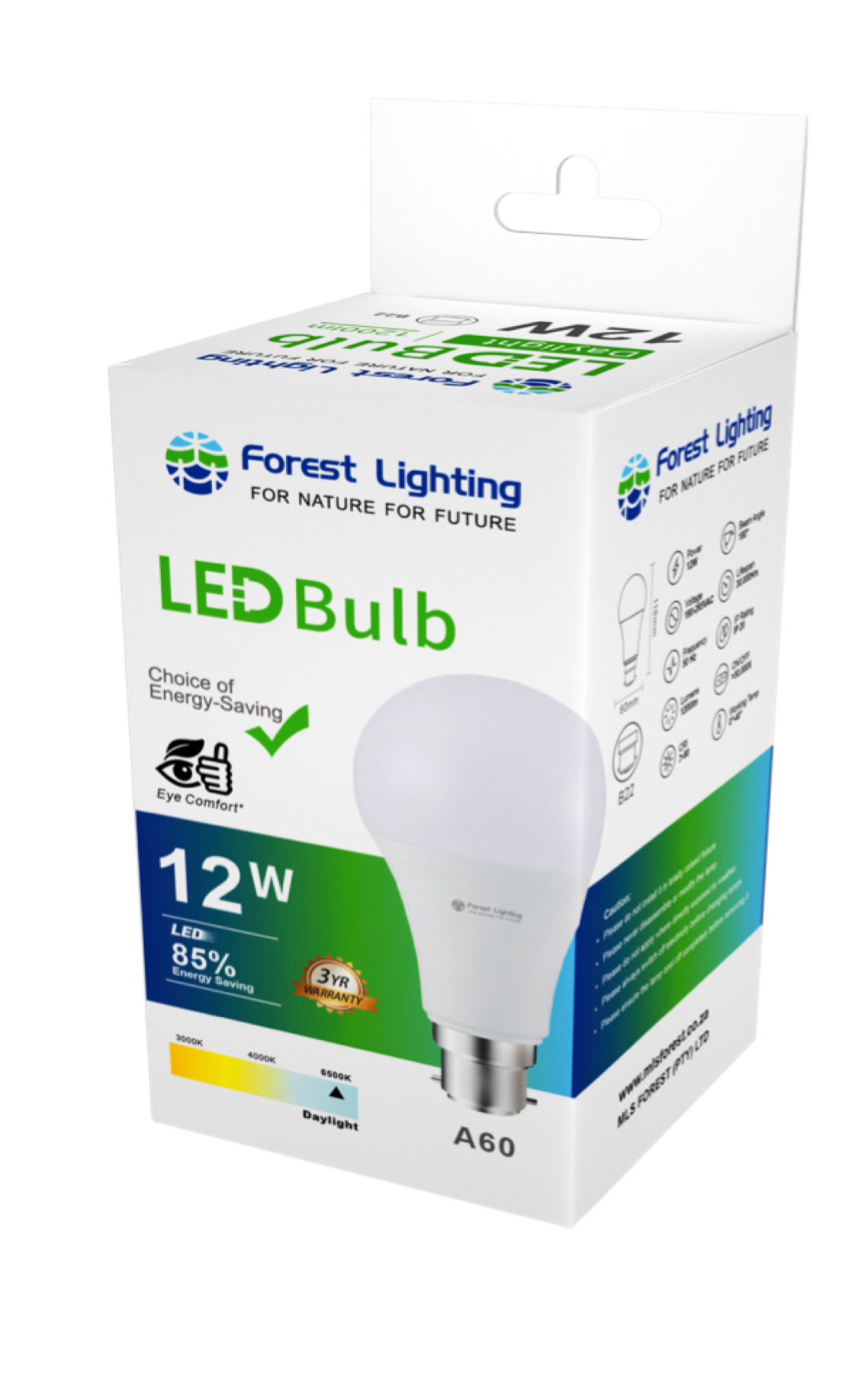 Forest Lighting LED A60 Bulb-12W B22 Daylight-3Yrs’ Warranty(30000 Hrs)