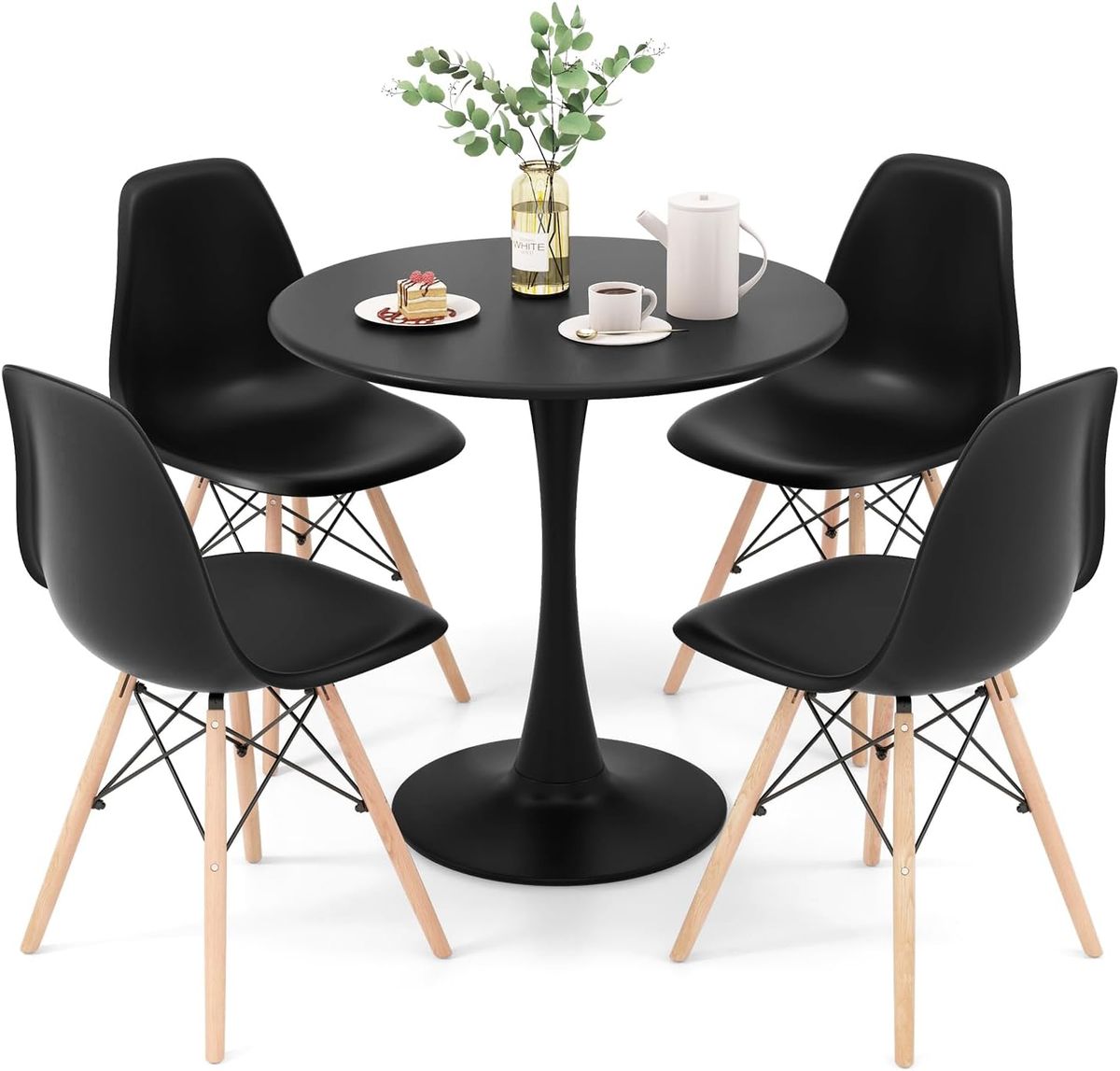 Contemporary Dining Set (Round Table 4 Chairs) - Black